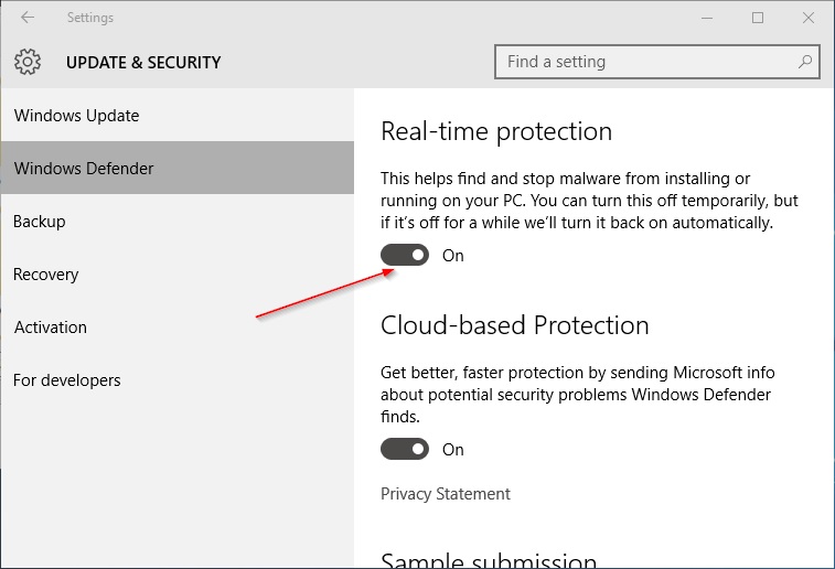 Disable Windows Defender Real Time Protection on Windows 10